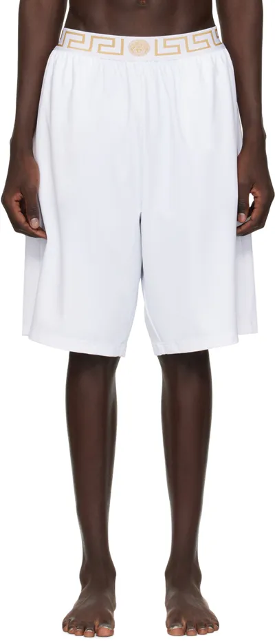 Versace White Greca Border Swim Shorts In 2w110-white+gold