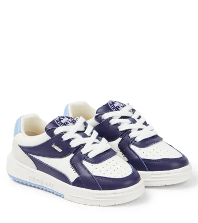 Palm Angels Kids' Palm University Leather Sneakers In White Navy Blue