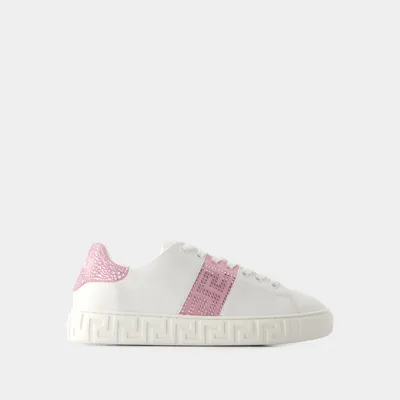 Versace Greca Crystal-embellished Leather Trainers In Pink