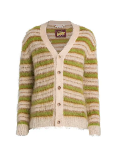 Marni Brushed Cardigan In Striped Mohair In Light Camel