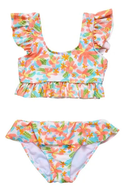 Snapper Rock Kids' Floral Ruffle Two-piece Swimsuit In Ivory Multi