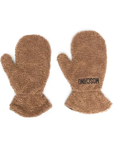 Moschino Logo-embroidered Shearling Mittens In Brown