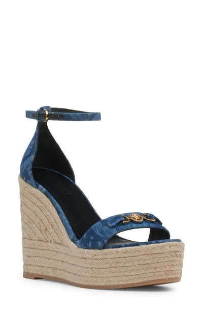 Versace Medusa Denim Ankle-strap Wedge Espadrilles In Blue