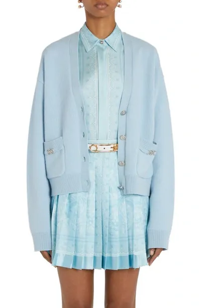 Versace Embellished Cashmere Knit Cardigan In Pale Blue