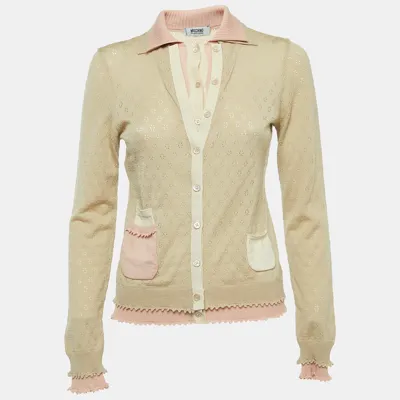 Pre-owned Moschino Cheap And Chic Beige/pink Perforated Wool Knit Button Front Cardigan M