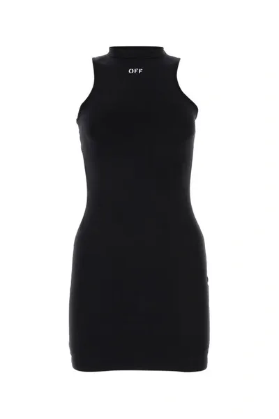 Off-white Asymmetric Shoulder Logo Mini Dress In Black,white