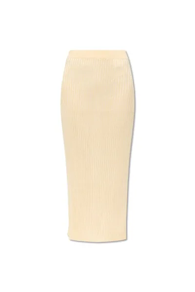 Jil Sander Elasticated Waistband Ribbed Knit Midi Skirt In Beige