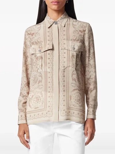 Versace Barocco Silk Shirt In Beige