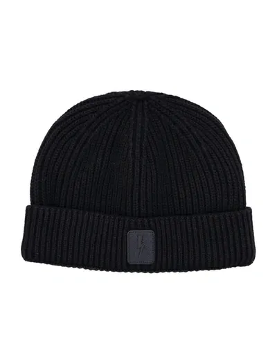 Neil Barrett Logo Patch Knitted Beanie In Black