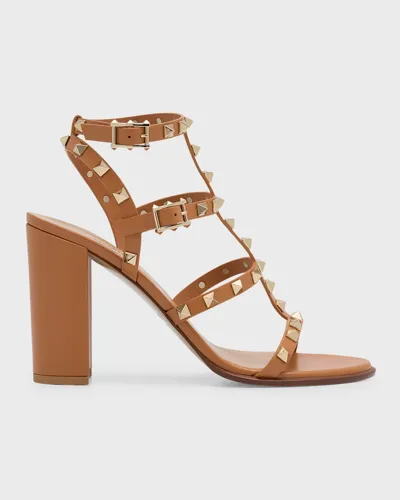 Valentino Garavani Rockstud Caged T-strap Leather Sandals In Almond Beige