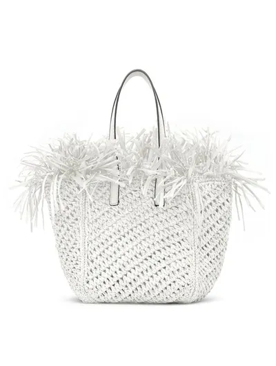 Oscar De La Renta Small Raffia Crochet Square Tote In White