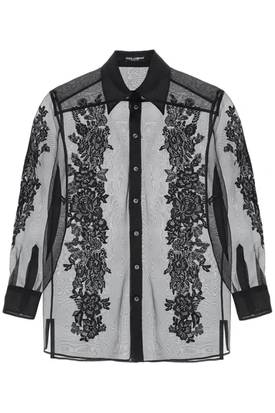 Dolce & Gabbana Organza Shirt With Lace Inserts In Black