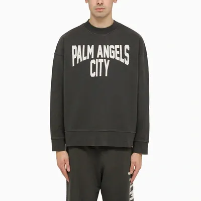 Palm Angels Pa City Washed Cotton Sweatshirt In Dark Grey,white