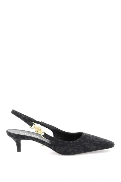 Versace Embellished Brocade Slingback Pumps In Black