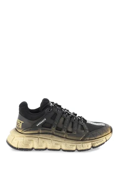 Versace Trigreca Sneakers Calf Leather Rubber Sole In Black