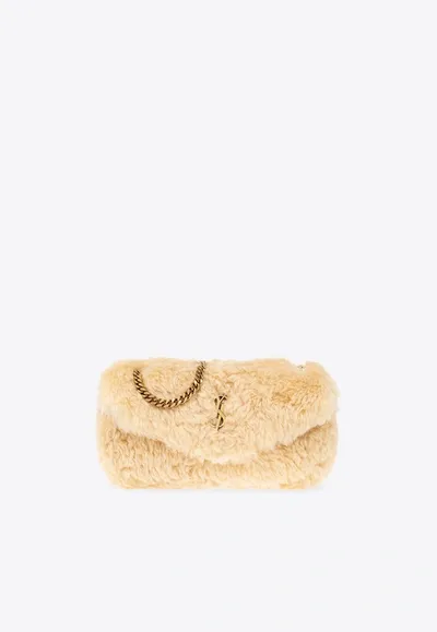 Saint Laurent Calypso Logo Plaque Shoulder Bag In Beige