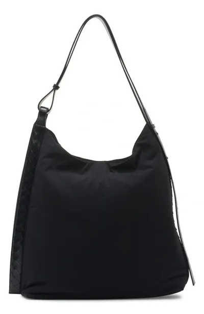 Bottega Veneta Large Nylon Hobo Bag In 8803 Black/ Silver