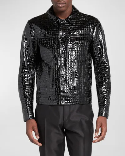 Tom Ford Men's Patent Croc-effect Blouson Jacket In Black