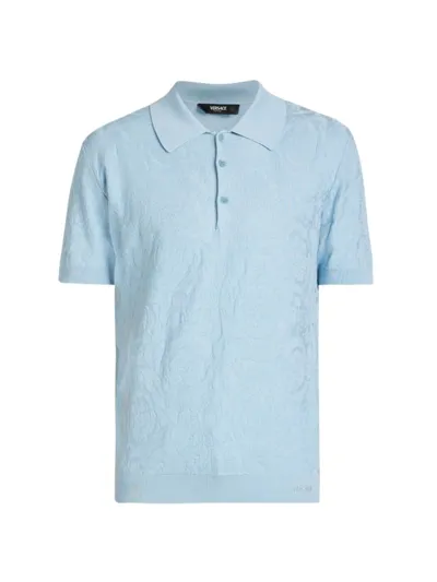 Versace Men's Tonal Barocco Knit Polo Shirt In Pale Blue