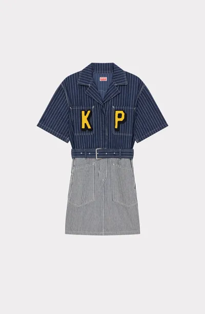 Kenzo Belted Striped Denim Minidress In Rinse Blue Denim