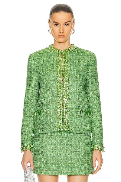 Valentino Tweed Sequin Fringe Embroidered Jacket In Green