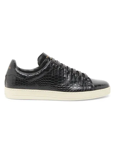 Tom Ford Men's Warwick Croc-embossed Leather Low-top Sneakers In Black Cream