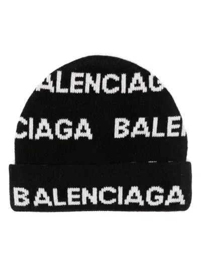 Balenciaga Intarsia-knit Wool-blend Beanie In Black