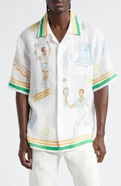 Casablanca Tennis Club Short Sleeve Linen Button-up Shirt In White