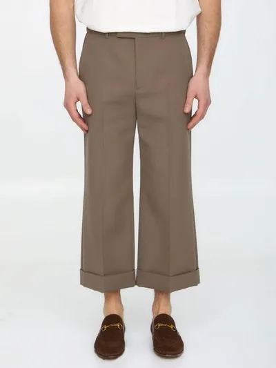 Gucci Wide Leg Gabardine Trousers In Brown