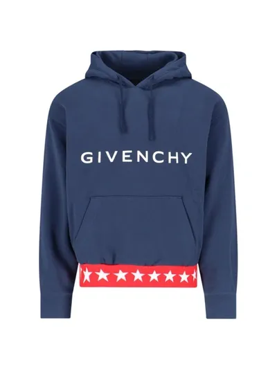 Givenchy Logo Printed Drawstring Hoodie In Blue