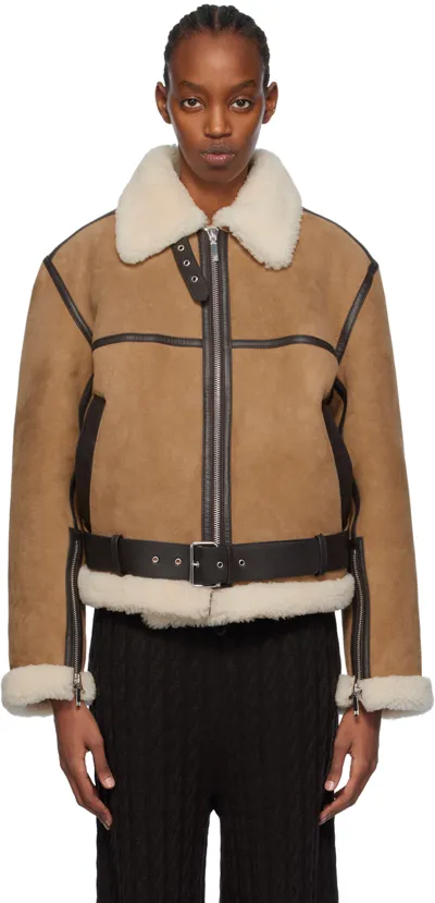 Totême Shearling Aviator Jacket In Dark Biscuit