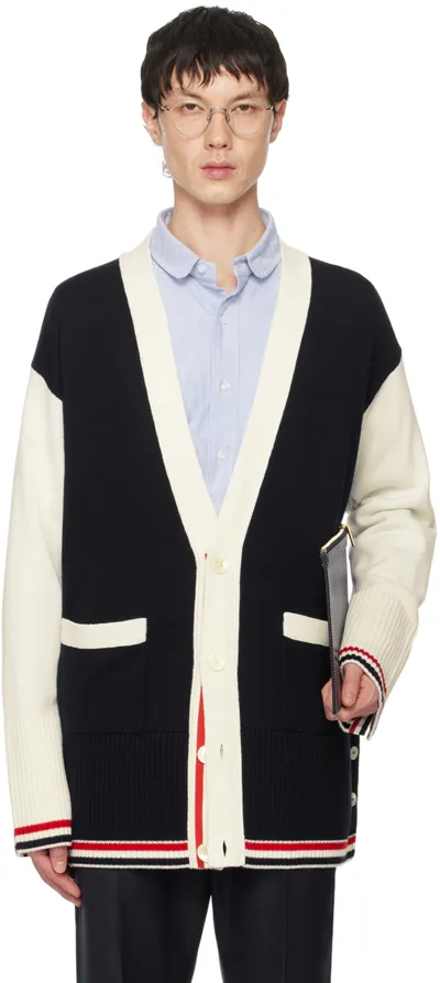 Thom Browne Navy Striped Cardigan In Multicolor