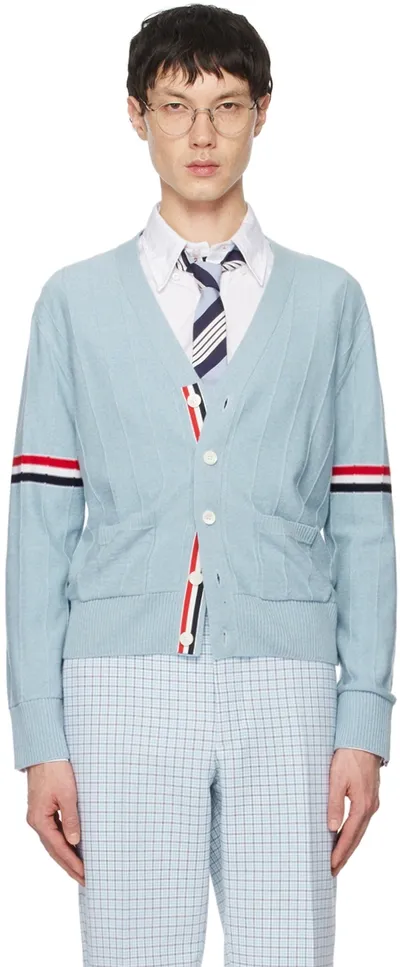 Thom Browne Blue Y-neck Cardigan In 480 Light Blue