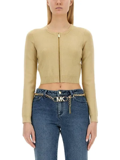 Michael Kors Metallic Knitted Cardigan In Gold