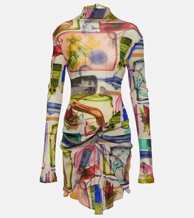 Off-white Printed Turtleneck Tulle Minidress In Multicoloured