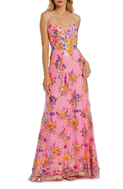 Mac Duggal Floral Sequin Lace Gown In Pink Multi