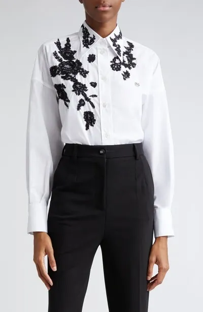 Dolce & Gabbana Floral-lace Long-sleeve Shirt In Optic White