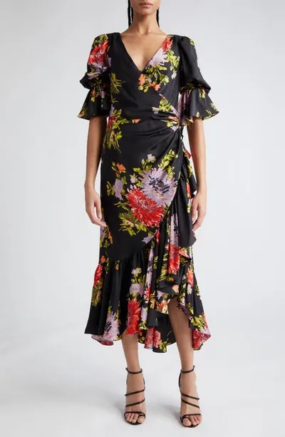 Cinq À Sept Theda Chrysanthemum-print Faux-wrap Midi Dress In Black Multi