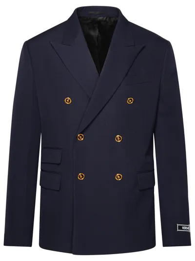 Versace Grain De Poudre Wool Blazer In Blue