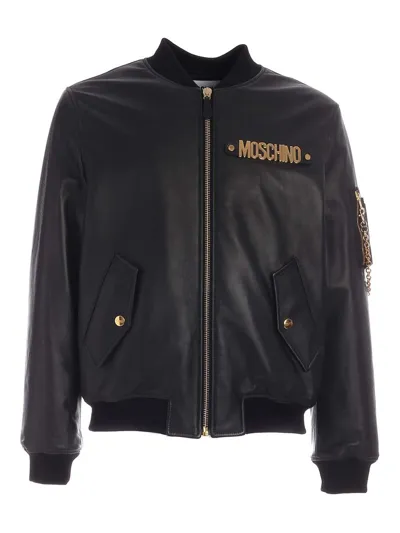 Moschino Logo Plaque Zip In Black