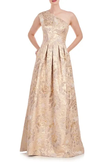 Kay Unger Carolyn Metallic Floral Jacquard One-shoulder Gown In Hazelnut