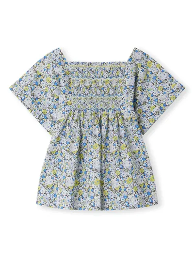 Bonpoint Kids' Gesmokte Bluse Mit Blumen-print In Blue