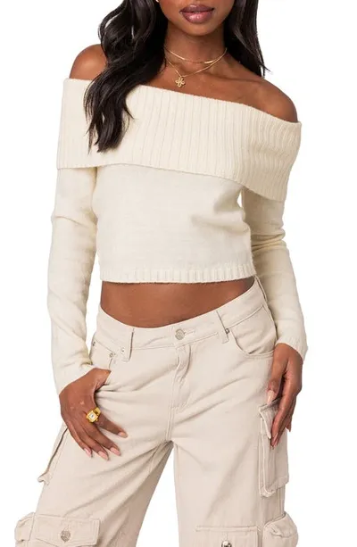 Edikted Tamara Foldover Off The Shoulder Sweater In Cream