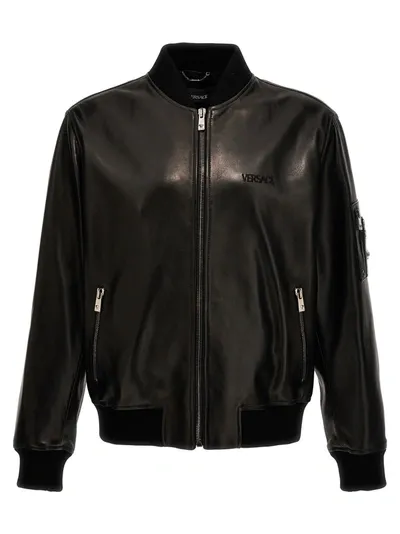 Versace Logo Leather Zip Jacket In Black