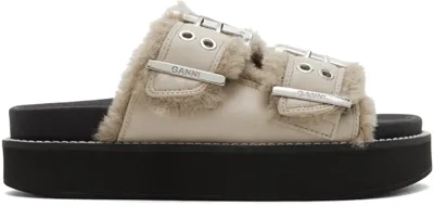 Ganni Taupe Feminine Buckle Flat Sandals In Beige