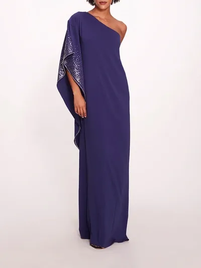 Marchesa One Shoulder Kaftan In Navy