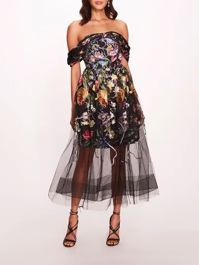 Marchesa Ribbons Midi Dress In Black Multi