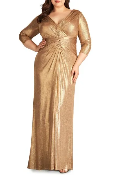 Tadashi Shoji Plus Size Metallic Twist-front Column Gown In Gold Dust