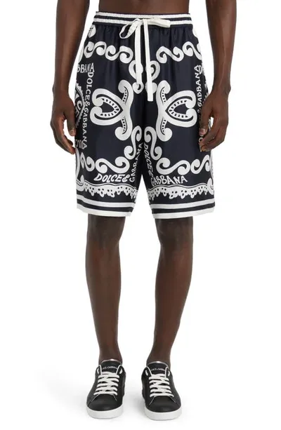 Dolce & Gabbana Silk Twill Jogging Shorts With Bandanna Print In Marina Blue