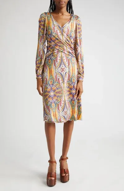 Etro Kaleidoscope Long-sleeve Draped Jersey Midi Dress In Print Floral White